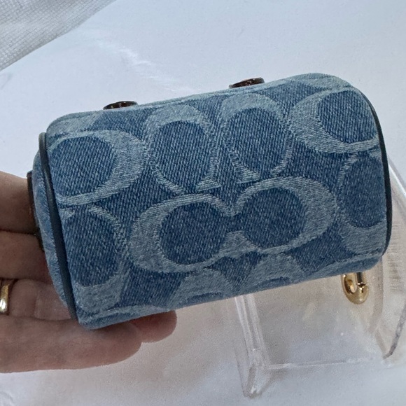Coach Denim Blue Mini Bag Charm/Key chain  with Tan Leather handles NWT - Picture 5 of 9